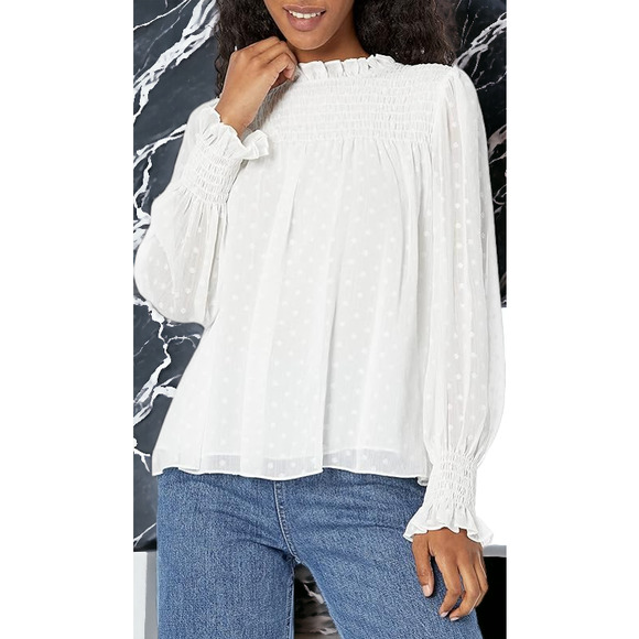 (60% OFF) NWT Rebecca Taylor Women's Clip Dot Silk Blouse Snow Color L MSRP $325 - Picture 1 of 9